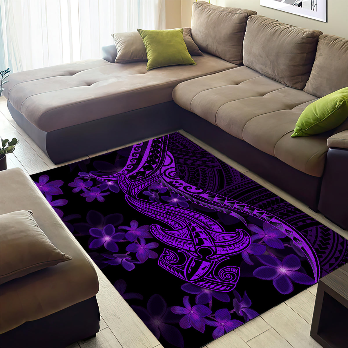 Purple Polynesia Shark Tattoo Area Rug With Polynesian Plumeria - Wonder Print Shop