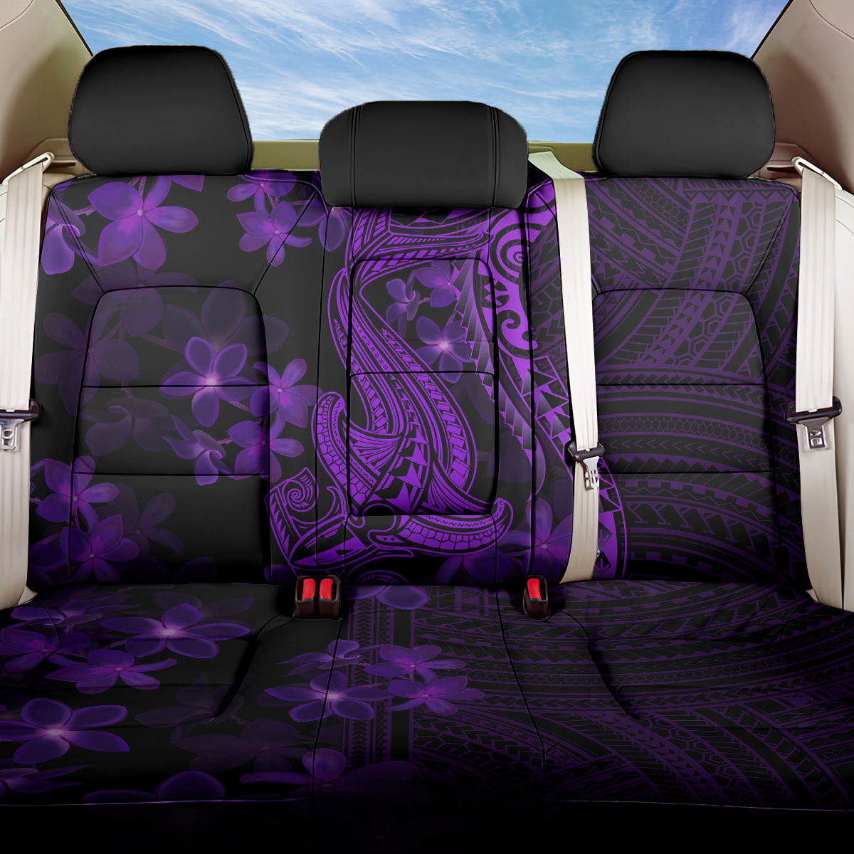 Purple Polynesia Shark Tattoo Back Car Seat Cover With Polynesian Plumeria - Wonder Print Shop
