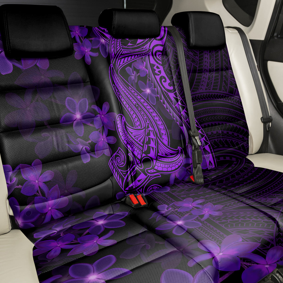 Purple Polynesia Shark Tattoo Back Car Seat Cover With Polynesian Plumeria - Wonder Print Shop