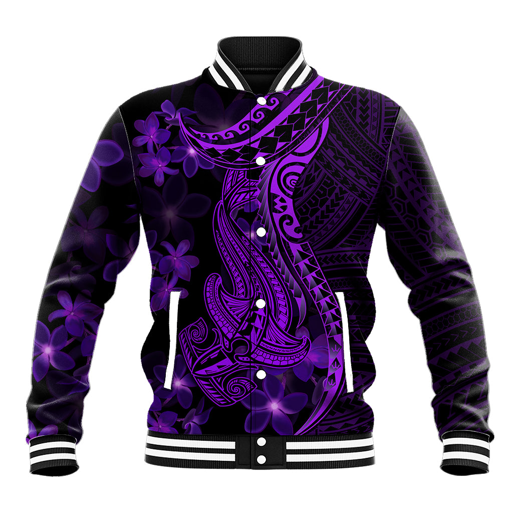 Purple Polynesia Shark Tattoo Baseball Jacket With Polynesian Plumeria - Wonder Print Shop