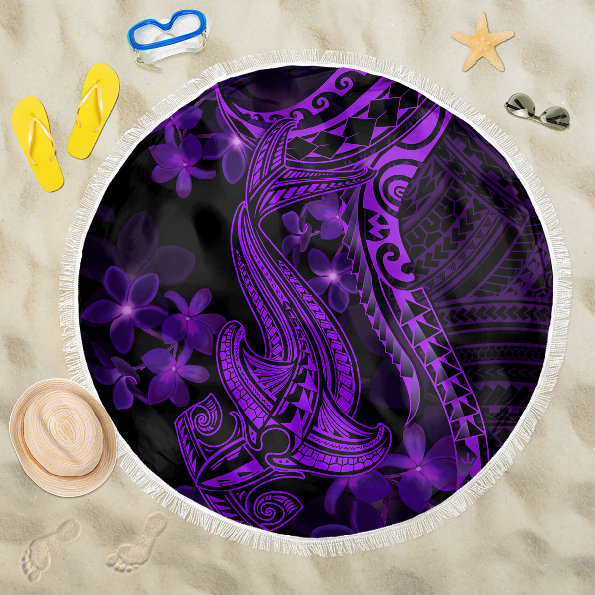 Purple Polynesia Shark Tattoo Beach Blanket With Polynesian Plumeria - Wonder Print Shop