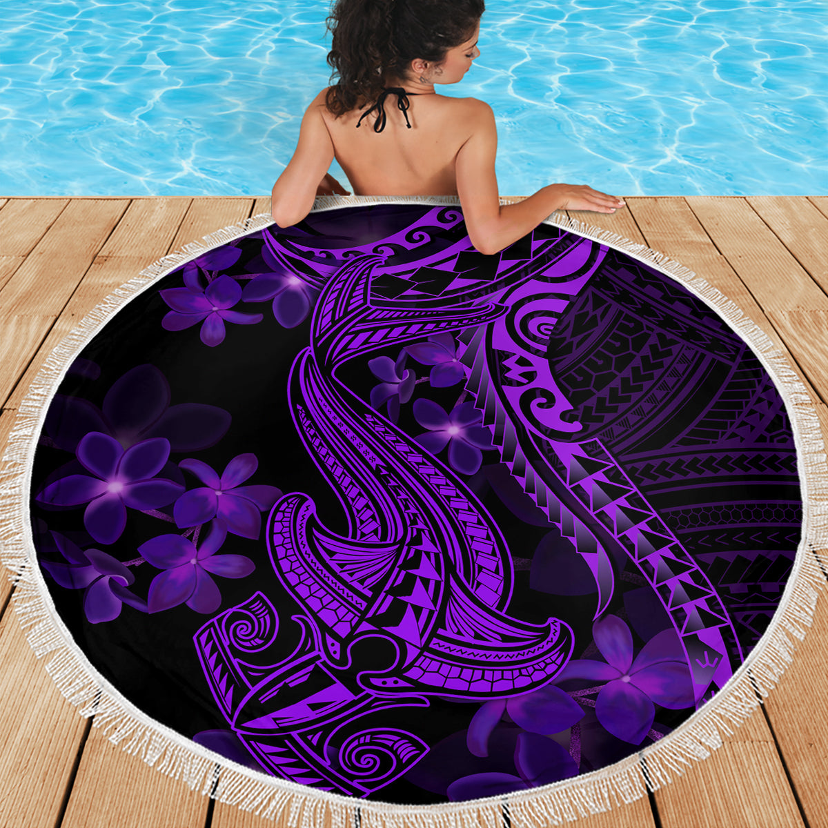Purple Polynesia Shark Tattoo Beach Blanket With Polynesian Plumeria - Wonder Print Shop