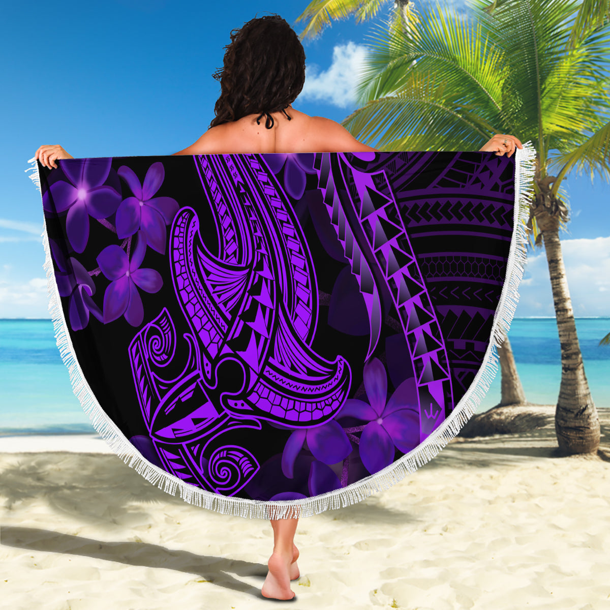 Purple Polynesia Shark Tattoo Beach Blanket With Polynesian Plumeria - Wonder Print Shop