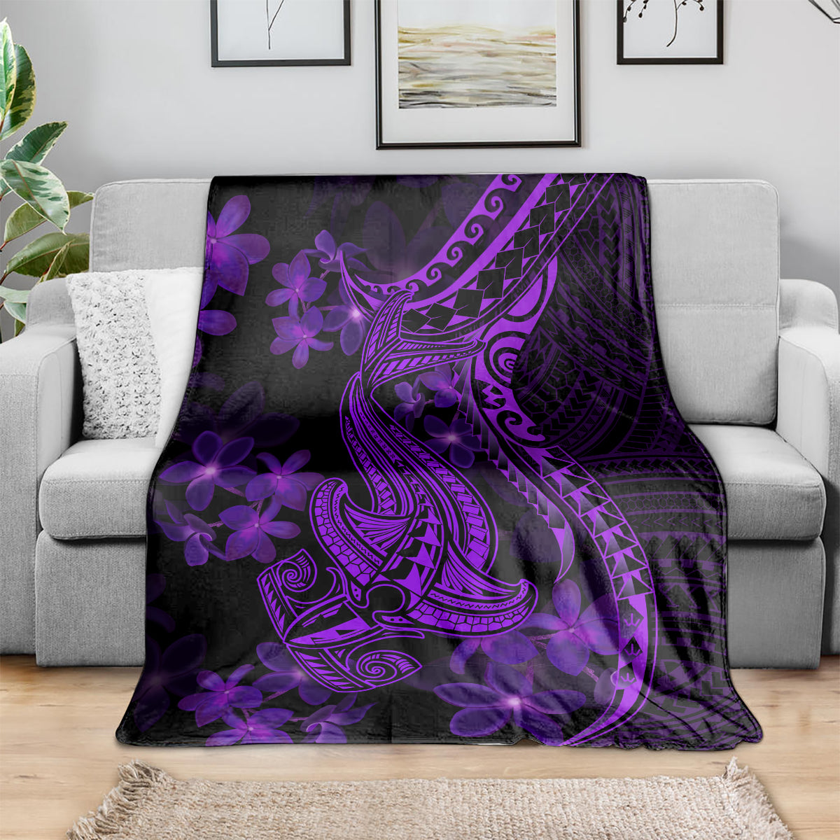 purple-polynesia-shark-tattoo-blanket-with-polynesian-plumeria