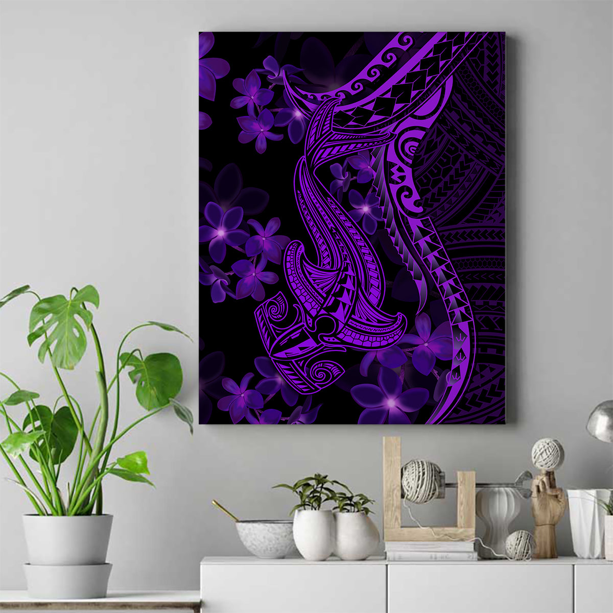 Purple Polynesia Shark Tattoo Canvas Wall Art With Polynesian Plumeria - Wonder Print Shop