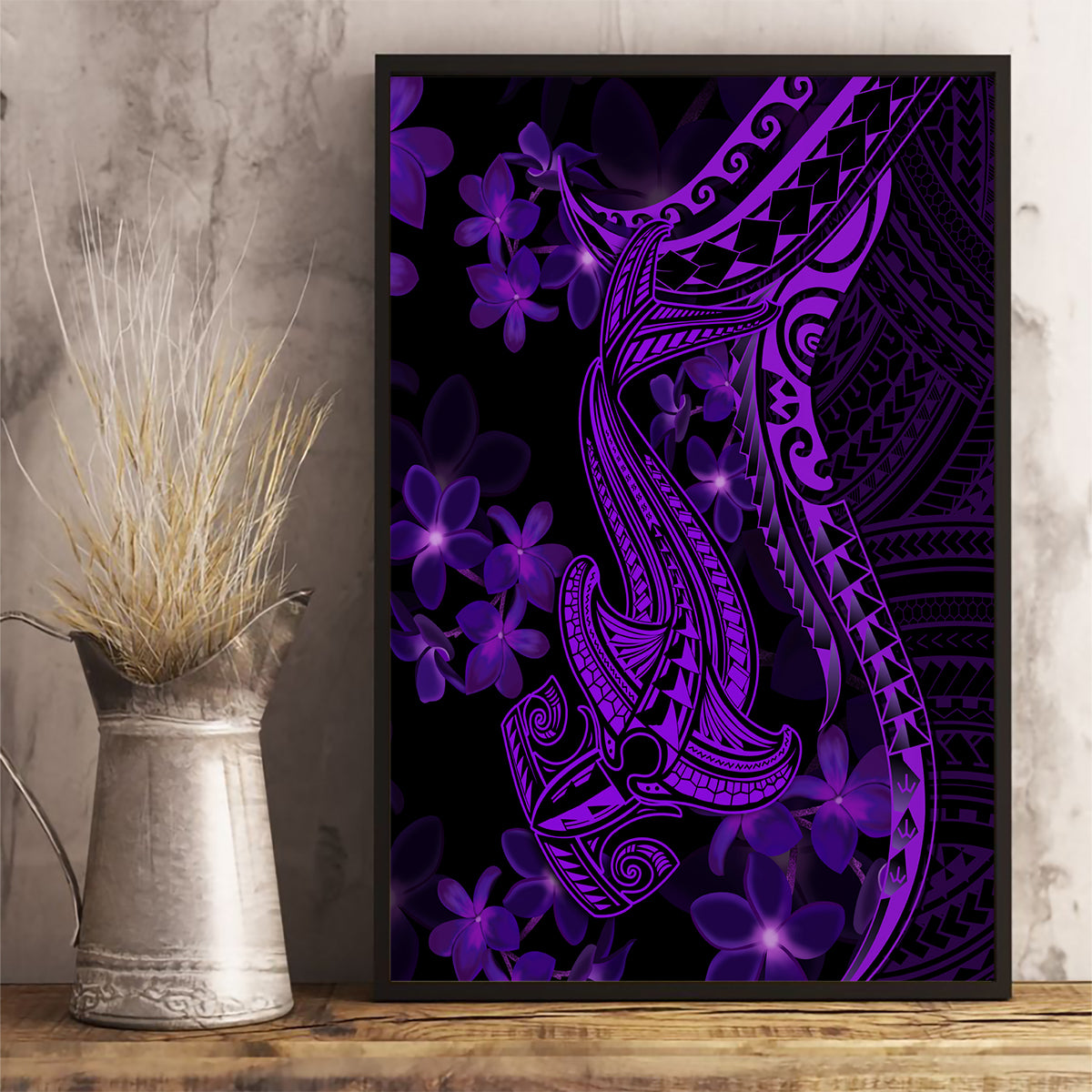 Purple Polynesia Shark Tattoo Canvas Wall Art With Polynesian Plumeria - Wonder Print Shop