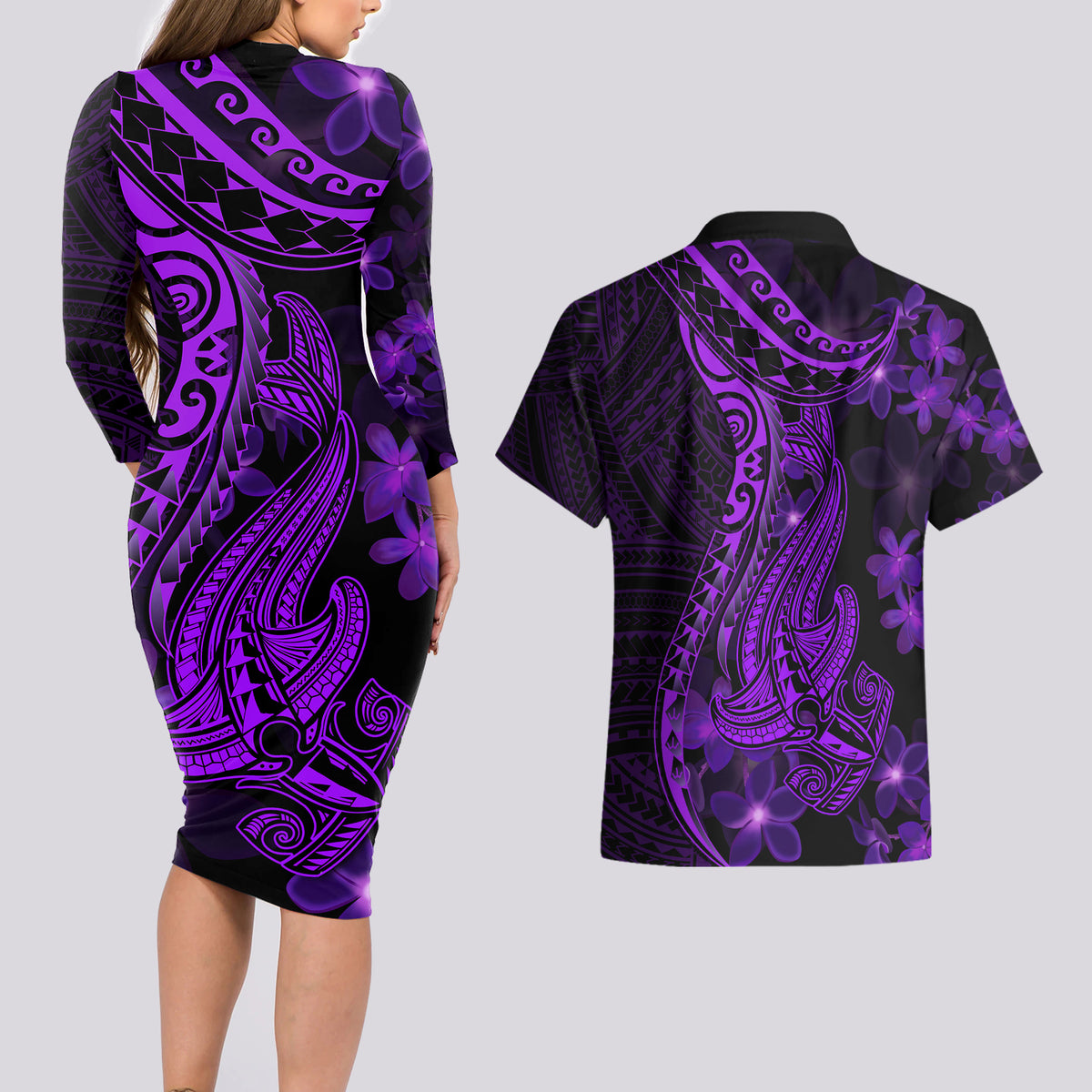 Purple Polynesia Shark Tattoo Couples Matching Long Sleeve Bodycon Dress and Hawaiian Shirt With Polynesian Plumeria - Wonder Print Shop