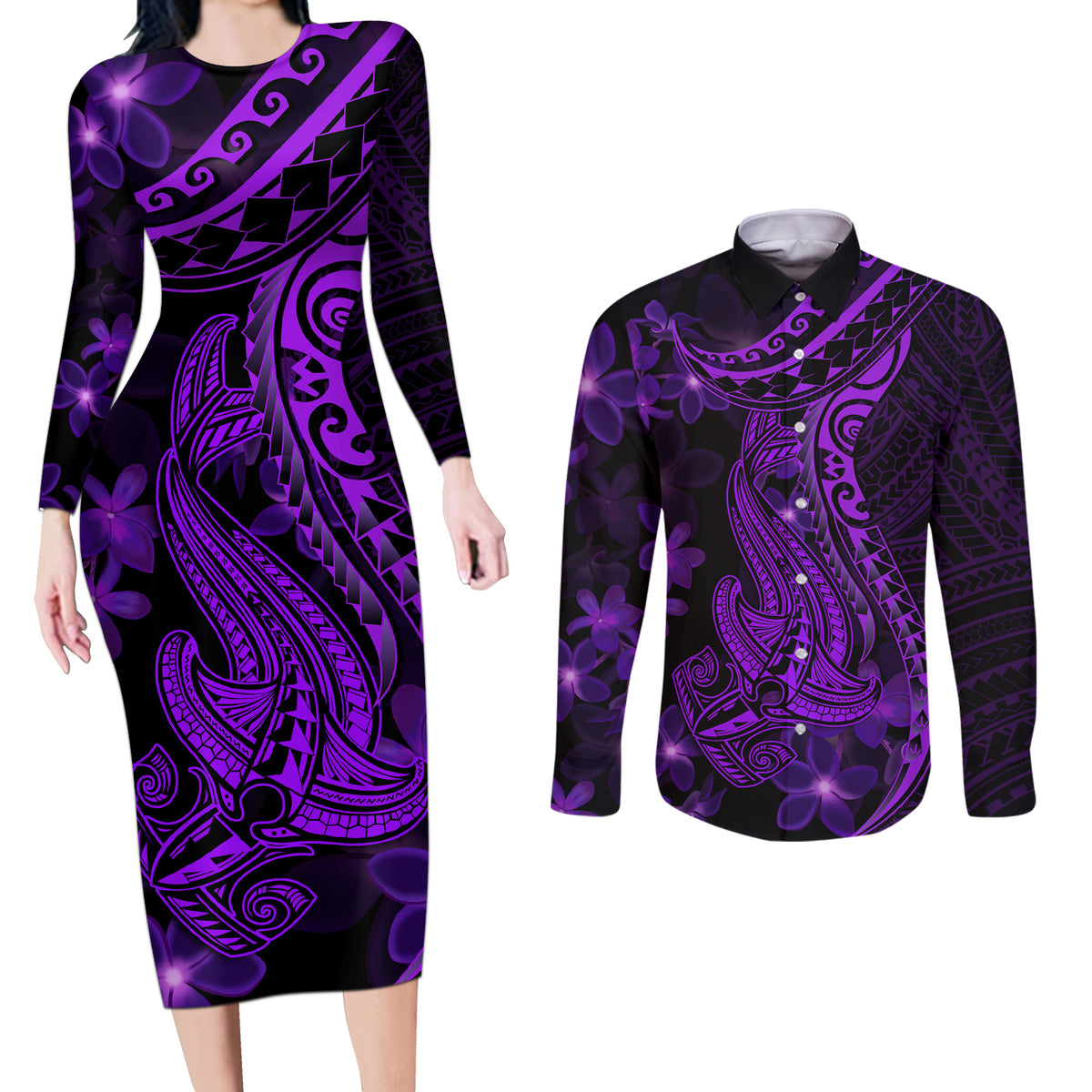 Purple Polynesia Shark Tattoo Couples Matching Long Sleeve Bodycon Dress and Long Sleeve Button Shirt With Polynesian Plumeria - Wonder Print Shop