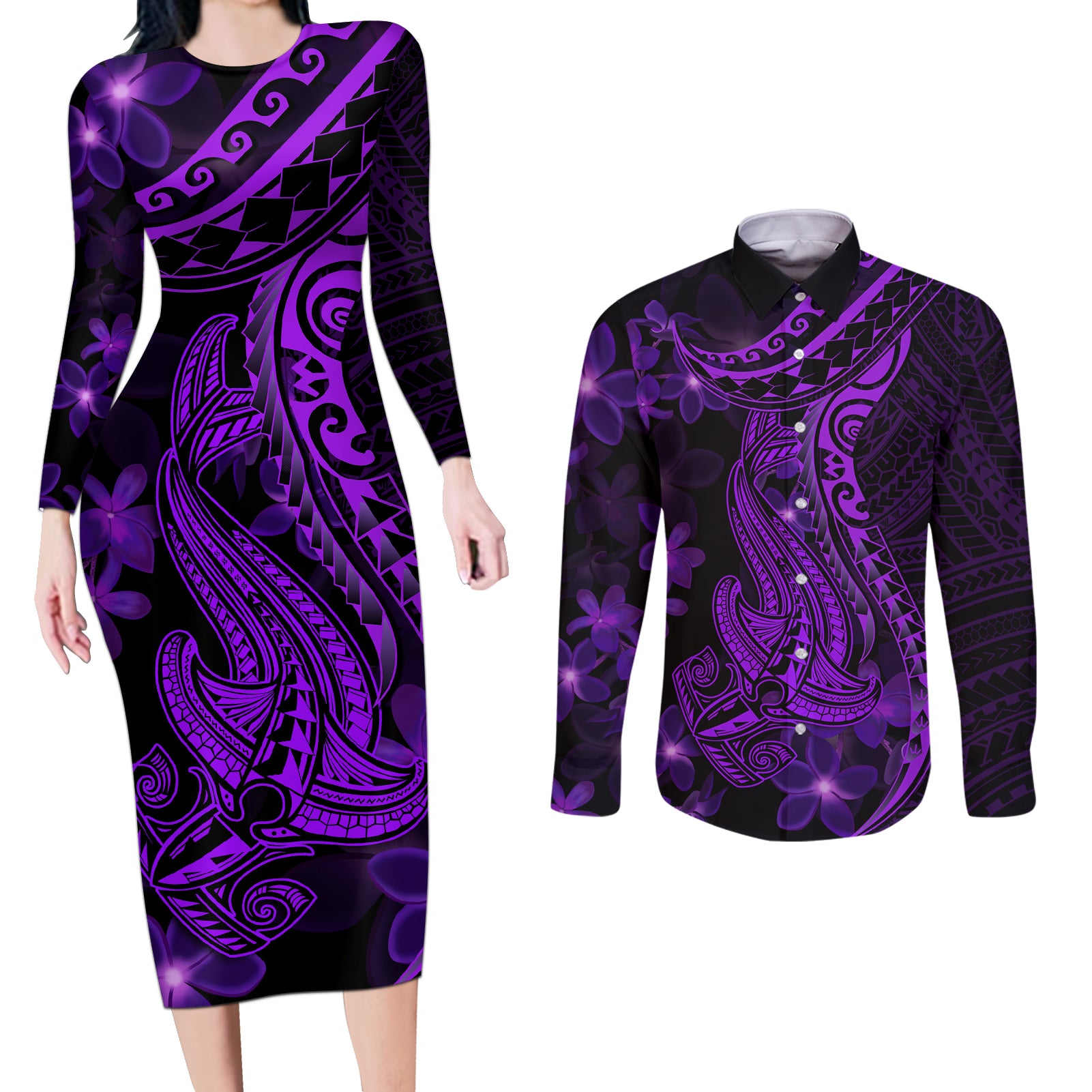 Purple Polynesia Shark Tattoo Couples Matching Long Sleeve Bodycon Dress and Long Sleeve Button Shirt With Polynesian Plumeria - Wonder Print Shop