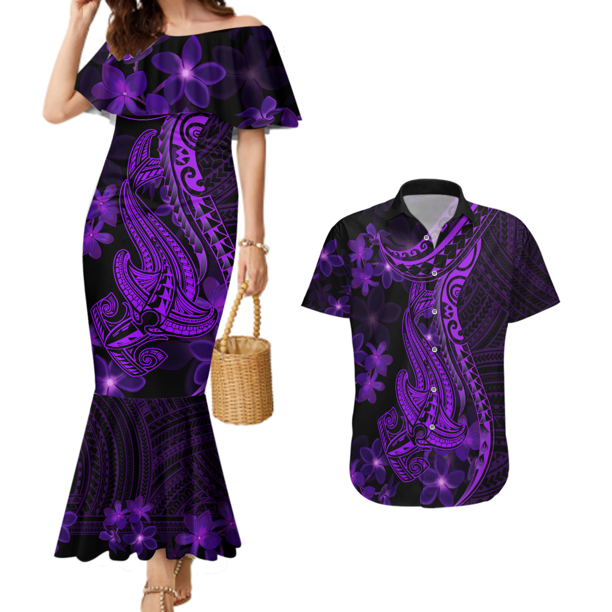 Purple Polynesia Shark Tattoo Couples Matching Mermaid Dress and Hawaiian Shirt With Polynesian Plumeria - Wonder Print Shop