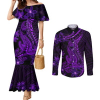 purple-polynesia-shark-tattoo-couples-matching-mermaid-dress-and-long-sleeve-button-shirt-with-polynesian-plumeria