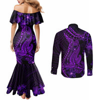 purple-polynesia-shark-tattoo-couples-matching-mermaid-dress-and-long-sleeve-button-shirt-with-polynesian-plumeria