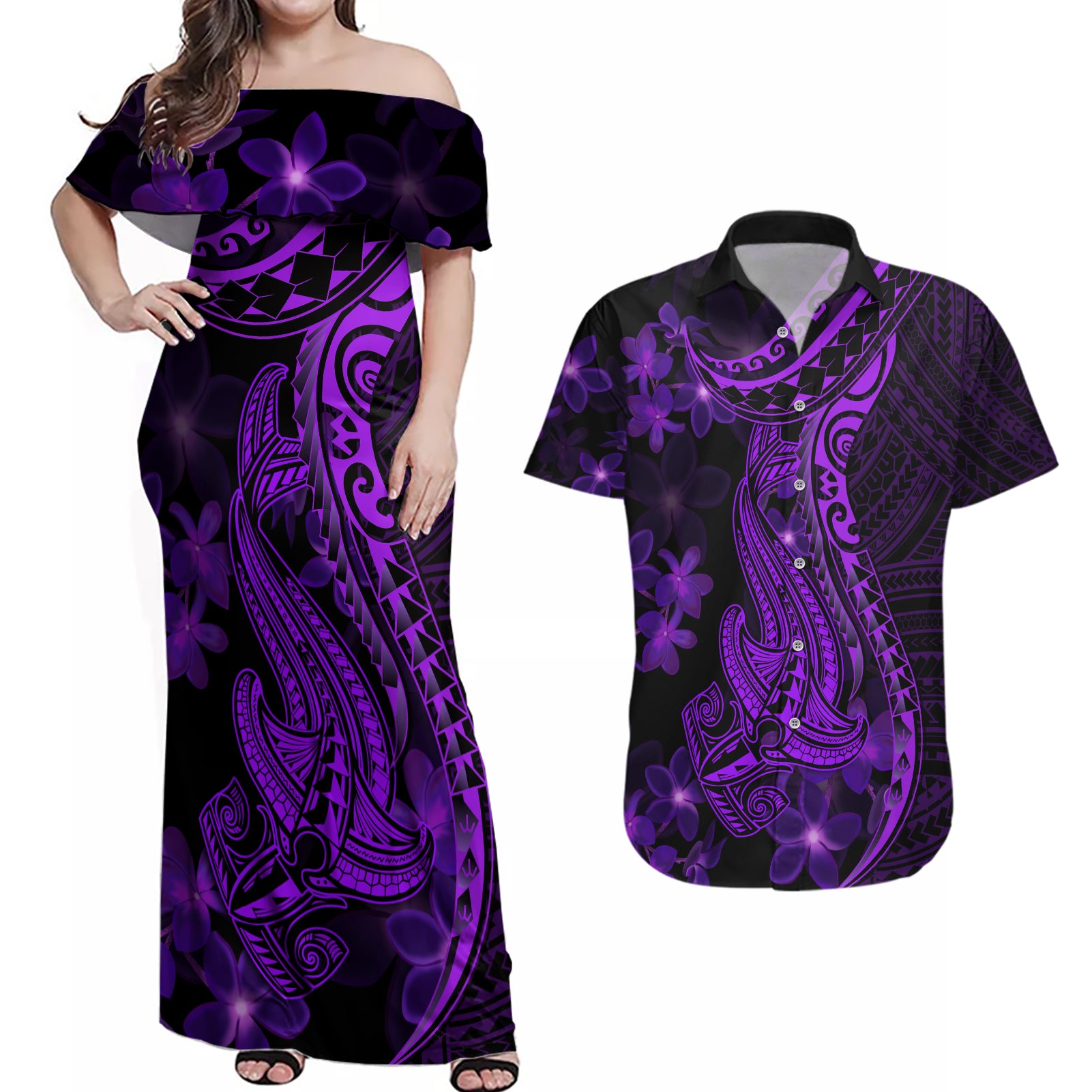 Purple Polynesia Shark Tattoo Couples Matching Off Shoulder Maxi Dress and Hawaiian Shirt With Polynesian Plumeria - Wonder Print Shop