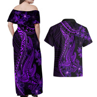 Purple Polynesia Shark Tattoo Couples Matching Off Shoulder Maxi Dress and Hawaiian Shirt With Polynesian Plumeria - Wonder Print Shop