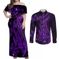 Purple Polynesia Shark Tattoo Couples Matching Off Shoulder Maxi Dress and Long Sleeve Button Shirt With Polynesian Plumeria - Wonder Print Shop