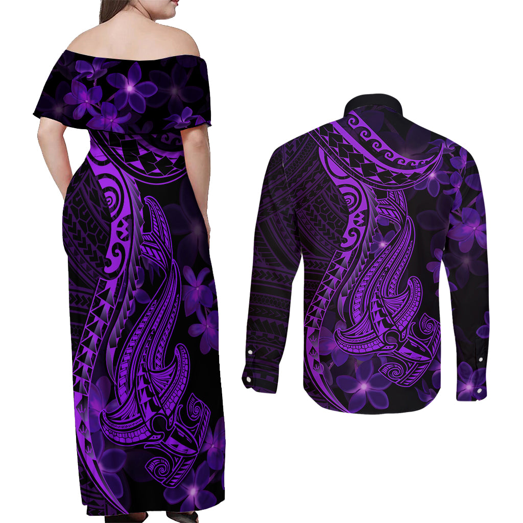 Purple Polynesia Shark Tattoo Couples Matching Off Shoulder Maxi Dress and Long Sleeve Button Shirt With Polynesian Plumeria - Wonder Print Shop