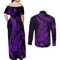 Purple Polynesia Shark Tattoo Couples Matching Off Shoulder Maxi Dress and Long Sleeve Button Shirt With Polynesian Plumeria - Wonder Print Shop