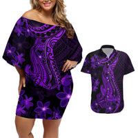 Purple Polynesia Shark Tattoo Couples Matching Off Shoulder Short Dress and Hawaiian Shirt With Polynesian Plumeria - Wonder Print Shop