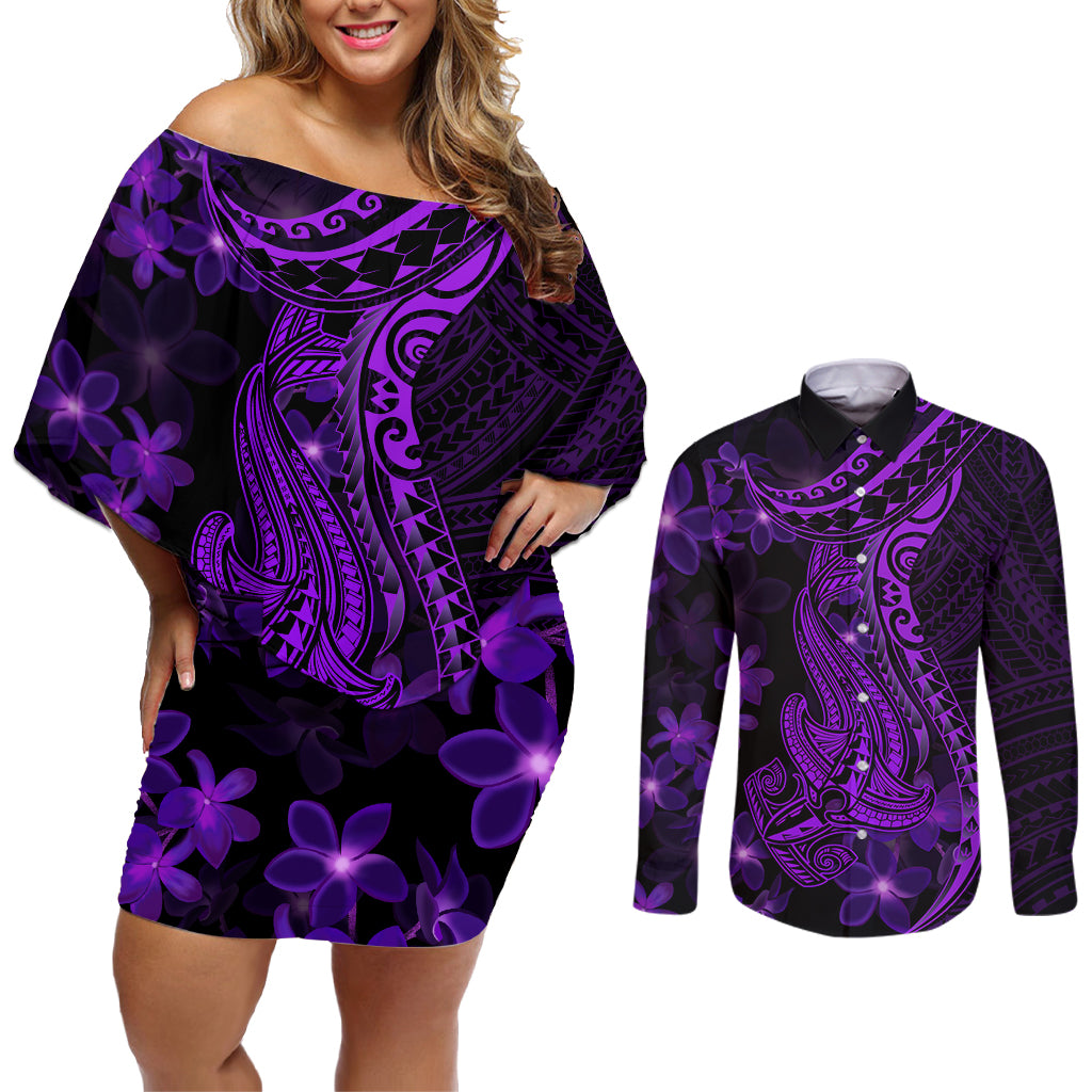 Purple Polynesia Shark Tattoo Couples Matching Off Shoulder Short Dress and Long Sleeve Button Shirt With Polynesian Plumeria - Wonder Print Shop