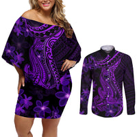 Purple Polynesia Shark Tattoo Couples Matching Off Shoulder Short Dress and Long Sleeve Button Shirt With Polynesian Plumeria - Wonder Print Shop