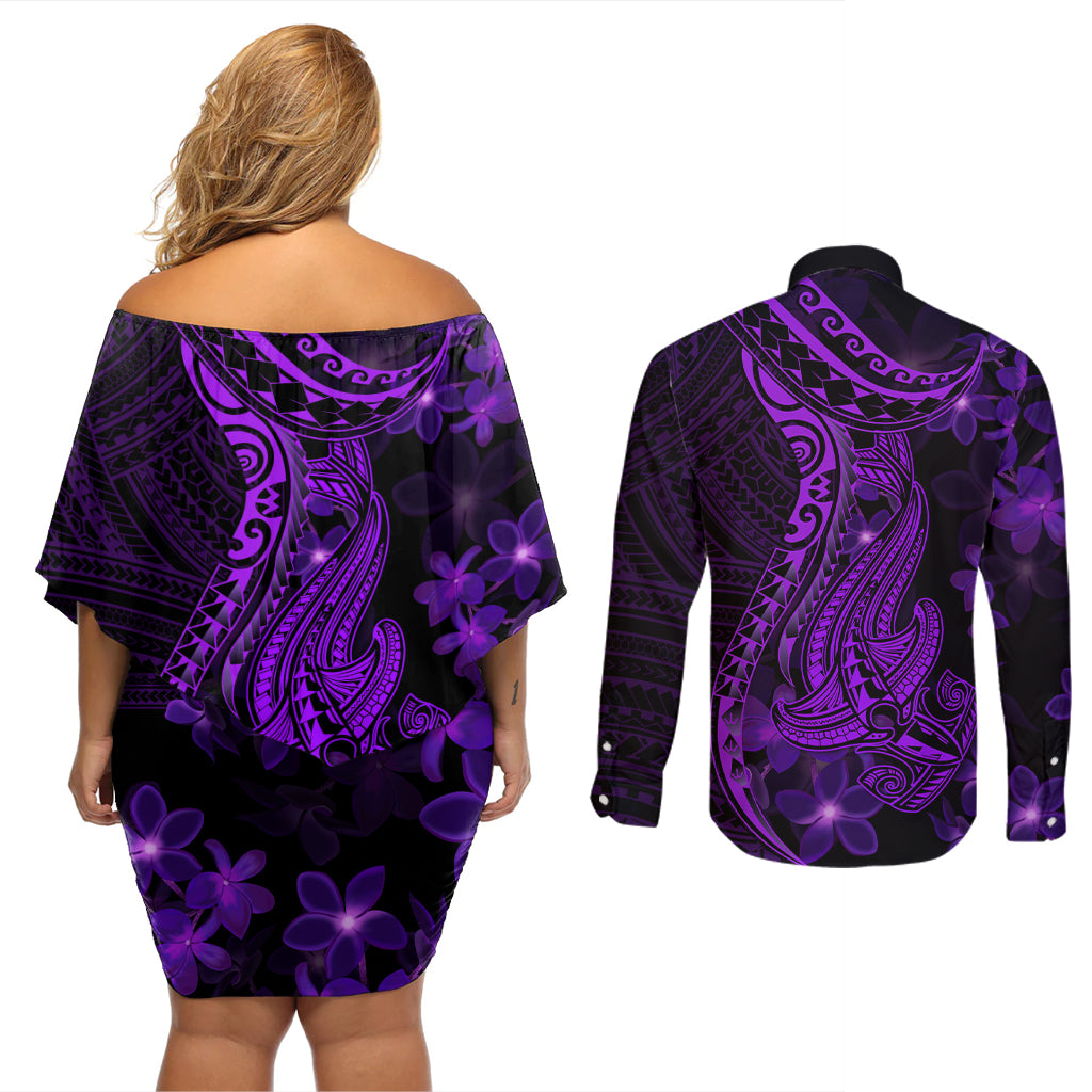 Purple Polynesia Shark Tattoo Couples Matching Off Shoulder Short Dress and Long Sleeve Button Shirt With Polynesian Plumeria - Wonder Print Shop