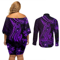 Purple Polynesia Shark Tattoo Couples Matching Off Shoulder Short Dress and Long Sleeve Button Shirt With Polynesian Plumeria - Wonder Print Shop