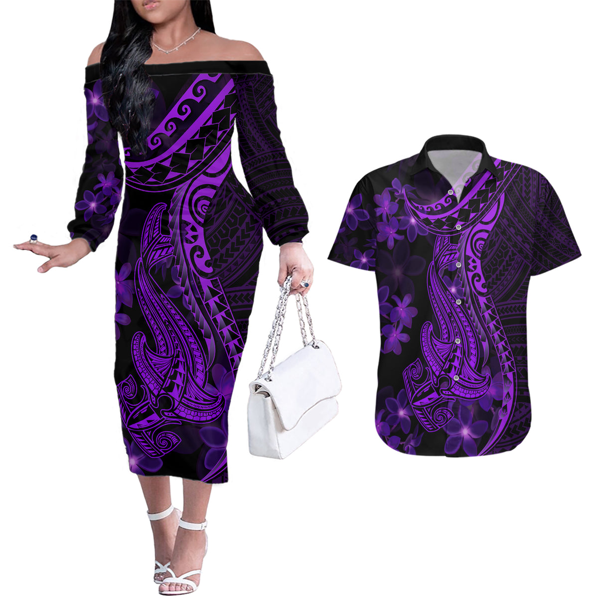 Purple Polynesia Shark Tattoo Couples Matching Off The Shoulder Long Sleeve Dress and Hawaiian Shirt With Polynesian Plumeria - Wonder Print Shop