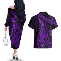 Purple Polynesia Shark Tattoo Couples Matching Off The Shoulder Long Sleeve Dress and Hawaiian Shirt With Polynesian Plumeria - Wonder Print Shop