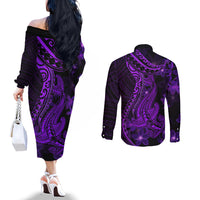 purple-polynesia-shark-tattoo-couples-matching-off-the-shoulder-long-sleeve-dress-and-long-sleeve-button-shirt-with-polynesian-plumeria