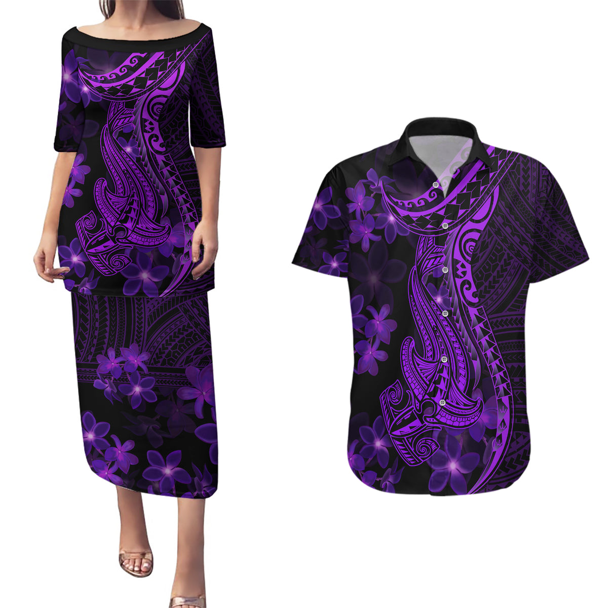 Purple Polynesia Shark Tattoo Couples Matching Puletasi Dress and Hawaiian Shirt With Polynesian Plumeria - Wonder Print Shop