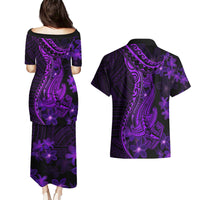 Purple Polynesia Shark Tattoo Couples Matching Puletasi Dress and Hawaiian Shirt With Polynesian Plumeria - Wonder Print Shop