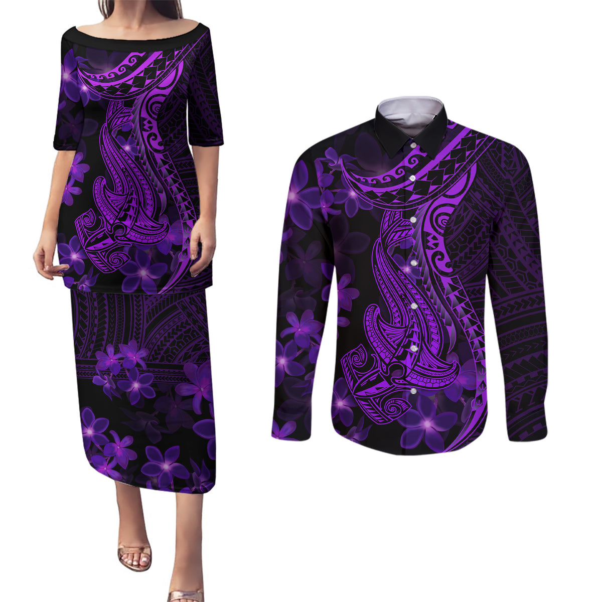 Purple Polynesia Shark Tattoo Couples Matching Puletasi Dress and Long Sleeve Button Shirt With Polynesian Plumeria - Wonder Print Shop