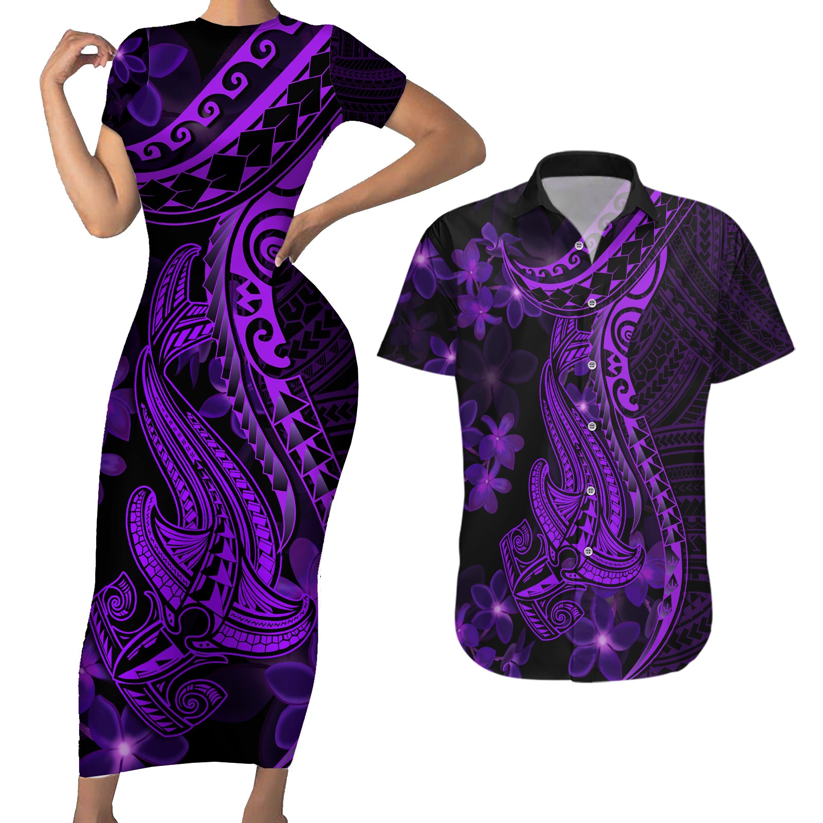 Purple Polynesia Shark Tattoo Couples Matching Short Sleeve Bodycon Dress and Hawaiian Shirt With Polynesian Plumeria - Wonder Print Shop