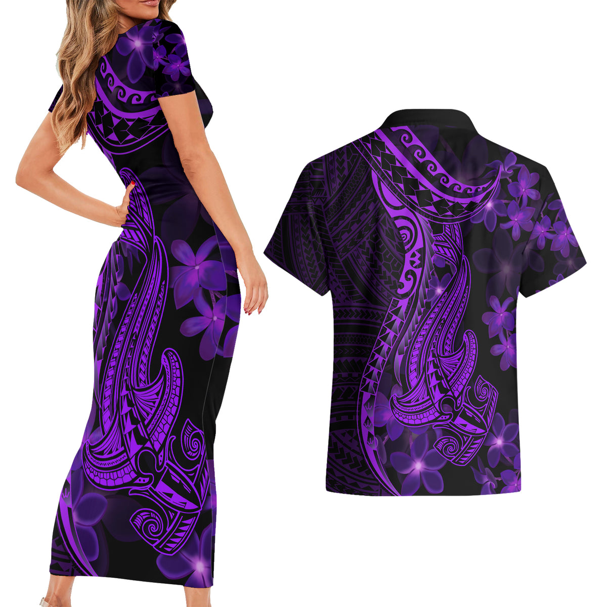 Purple Polynesia Shark Tattoo Couples Matching Short Sleeve Bodycon Dress and Hawaiian Shirt With Polynesian Plumeria - Wonder Print Shop