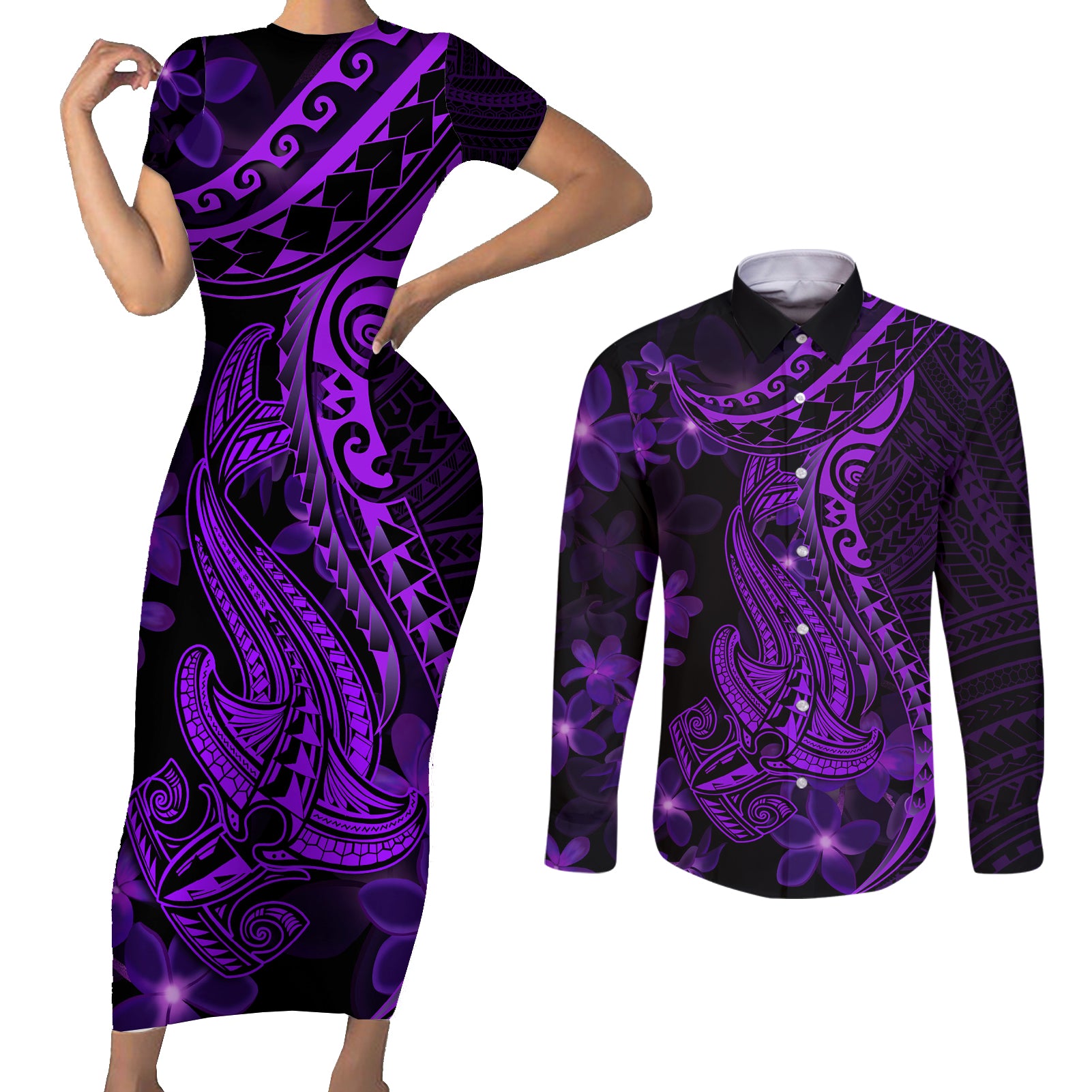 Purple Polynesia Shark Tattoo Couples Matching Short Sleeve Bodycon Dress and Long Sleeve Button Shirt With Polynesian Plumeria - Wonder Print Shop