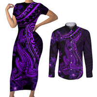 Purple Polynesia Shark Tattoo Couples Matching Short Sleeve Bodycon Dress and Long Sleeve Button Shirt With Polynesian Plumeria - Wonder Print Shop