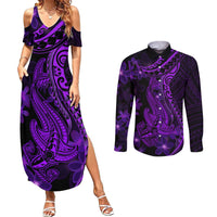 Purple Polynesia Shark Tattoo Couples Matching Summer Maxi Dress and Long Sleeve Button Shirt With Polynesian Plumeria - Wonder Print Shop