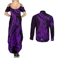 Purple Polynesia Shark Tattoo Couples Matching Summer Maxi Dress and Long Sleeve Button Shirt With Polynesian Plumeria - Wonder Print Shop