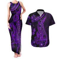 Purple Polynesia Shark Tattoo Couples Matching Tank Maxi Dress and Hawaiian Shirt With Polynesian Plumeria - Wonder Print Shop