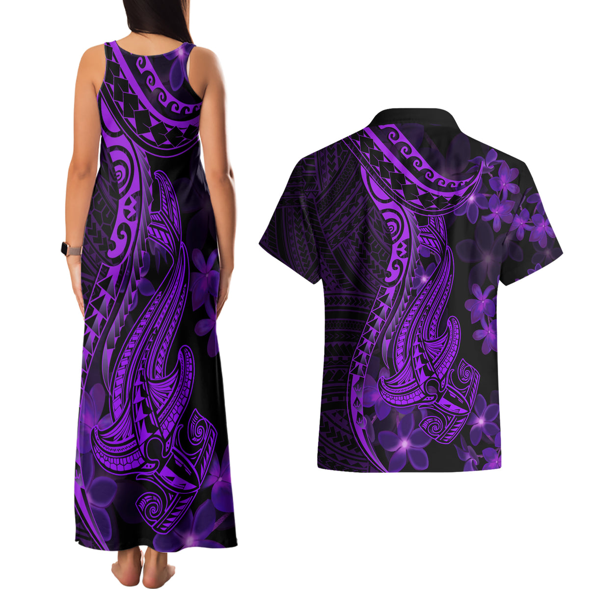 Purple Polynesia Shark Tattoo Couples Matching Tank Maxi Dress and Hawaiian Shirt With Polynesian Plumeria - Wonder Print Shop