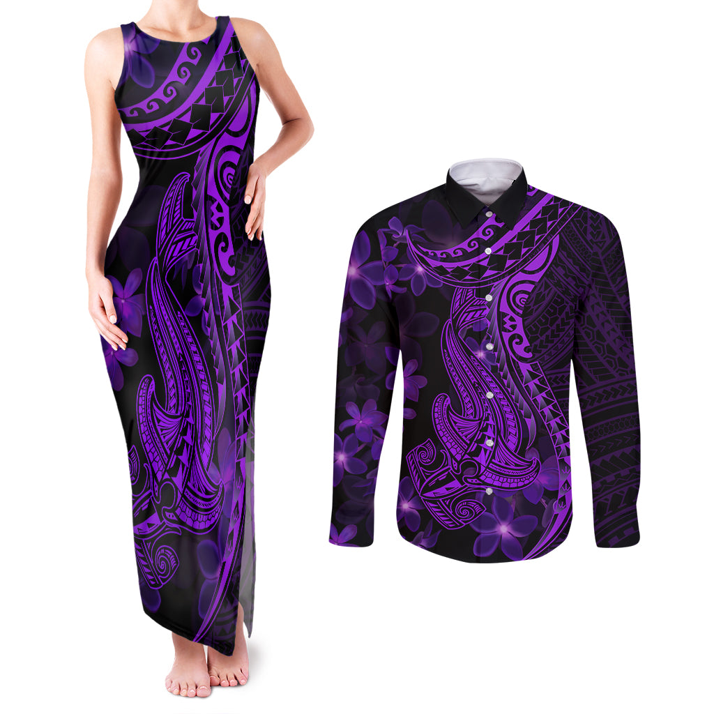 Purple Polynesia Shark Tattoo Couples Matching Tank Maxi Dress and Long Sleeve Button Shirt With Polynesian Plumeria - Wonder Print Shop