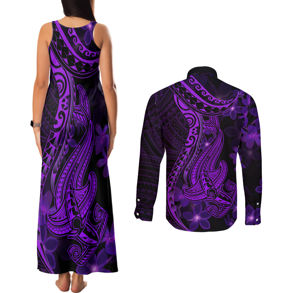 Purple Polynesia Shark Tattoo Couples Matching Tank Maxi Dress and Long Sleeve Button Shirt With Polynesian Plumeria - Wonder Print Shop
