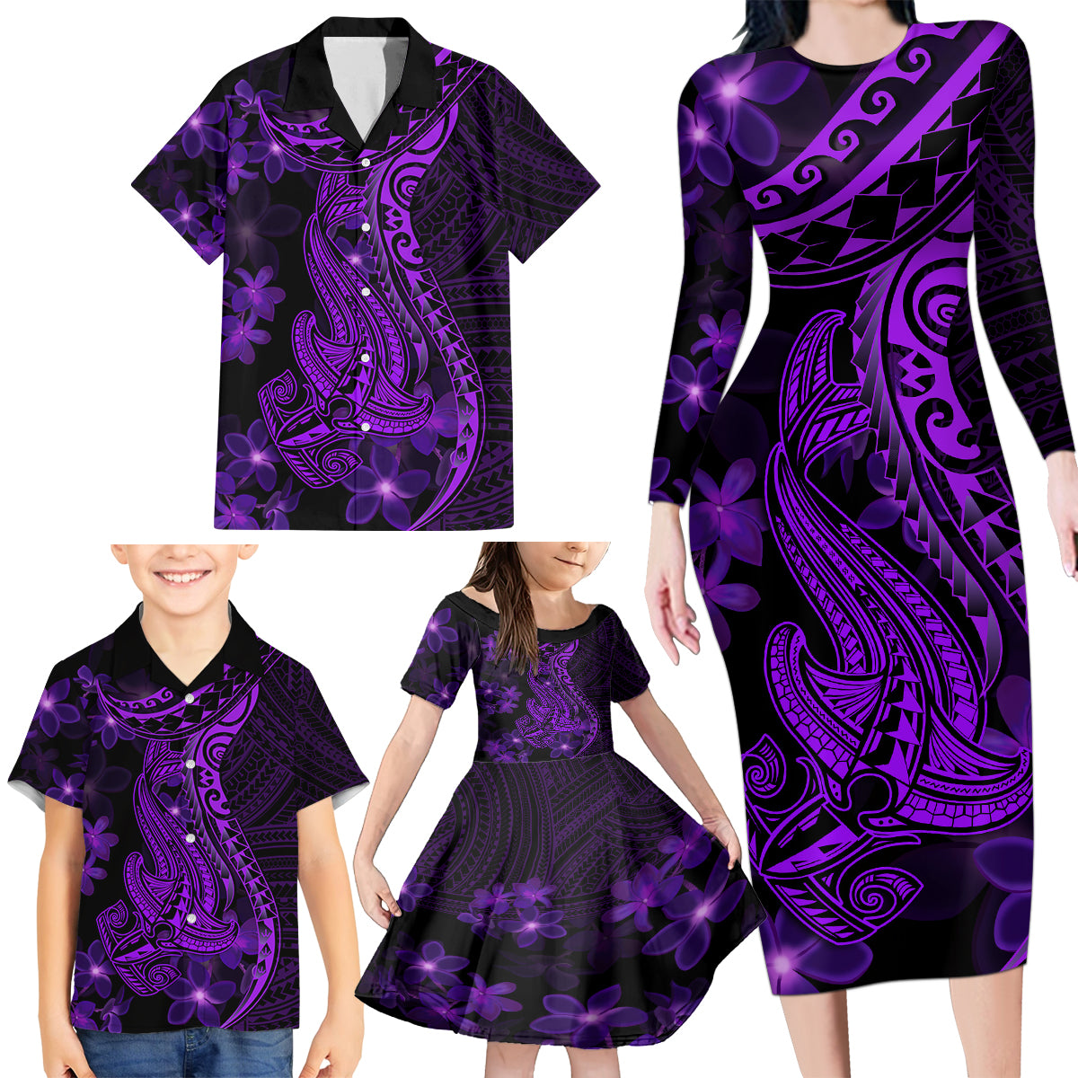 Purple Polynesia Shark Tattoo Family Matching Long Sleeve Bodycon Dress and Hawaiian Shirt With Polynesian Plumeria - Wonder Print Shop