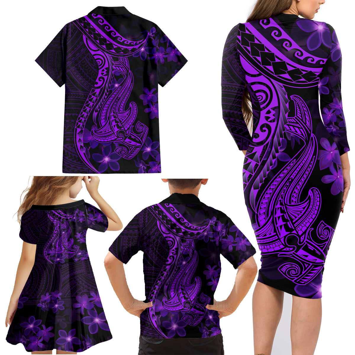 Purple Polynesia Shark Tattoo Family Matching Long Sleeve Bodycon Dress and Hawaiian Shirt With Polynesian Plumeria - Wonder Print Shop