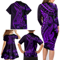 Purple Polynesia Shark Tattoo Family Matching Long Sleeve Bodycon Dress and Hawaiian Shirt With Polynesian Plumeria - Wonder Print Shop