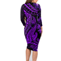 Purple Polynesia Shark Tattoo Family Matching Long Sleeve Bodycon Dress and Hawaiian Shirt With Polynesian Plumeria - Wonder Print Shop
