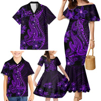 Purple Polynesia Shark Tattoo Family Matching Mermaid Dress and Hawaiian Shirt With Polynesian Plumeria - Wonder Print Shop
