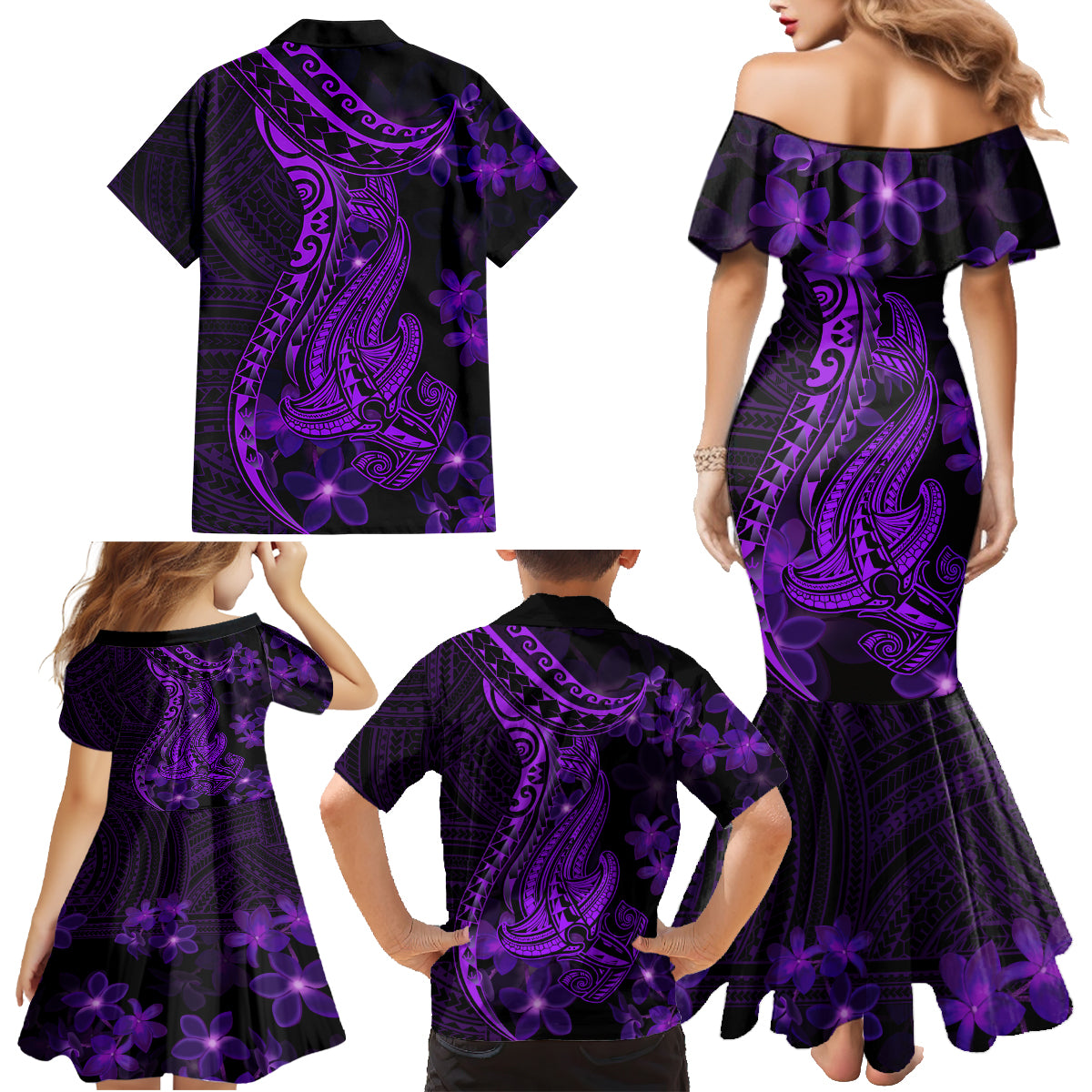 Purple Polynesia Shark Tattoo Family Matching Mermaid Dress and Hawaiian Shirt With Polynesian Plumeria - Wonder Print Shop