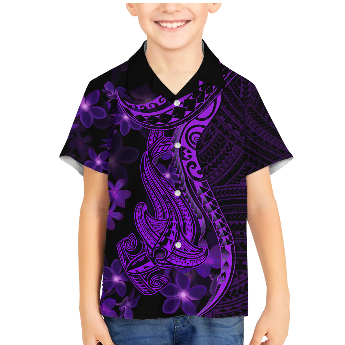 Purple Polynesia Shark Tattoo Family Matching Mermaid Dress and Hawaiian Shirt With Polynesian Plumeria - Wonder Print Shop
