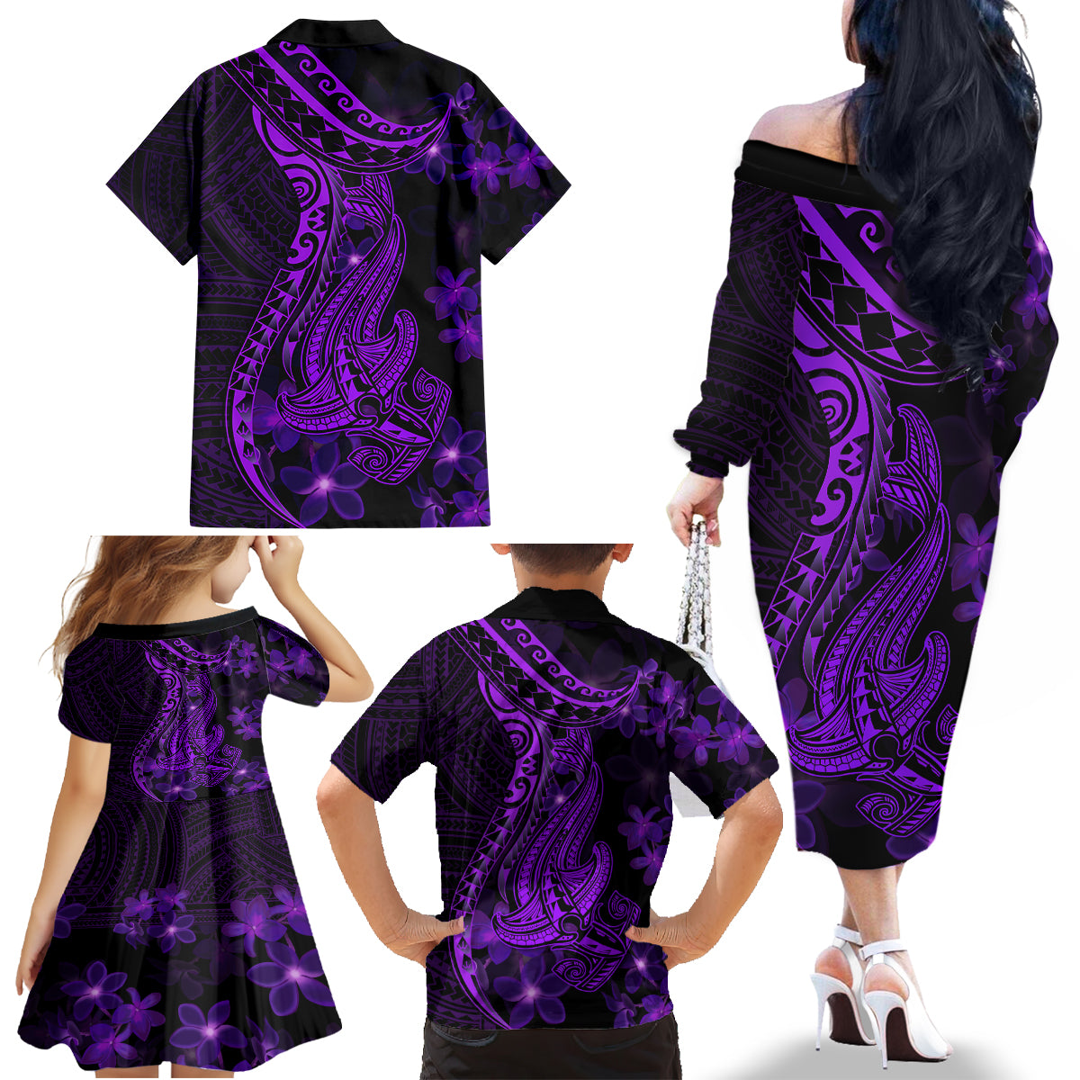 Purple Polynesia Shark Tattoo Family Matching Off Shoulder Long Sleeve Dress and Hawaiian Shirt With Polynesian Plumeria - Wonder Print Shop